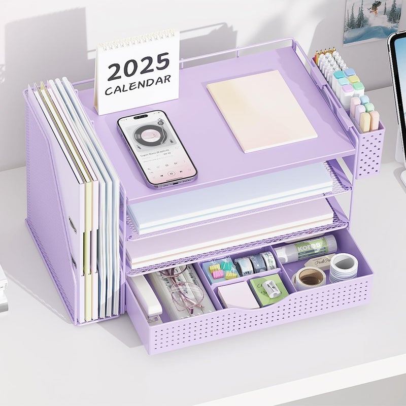 gianotter Wood Desk Organizers and Accessories with File Holder, 4-Tier Desk Accessories & Workspace Organizers with Drawer and Pen Holder, Paper Organizer for Office Supplies (Purple) - Image 5